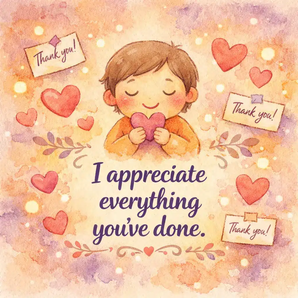 Soft watercolor illustration with hearts and warm tones expressing gratitude and appreciation through a meaningful quote.