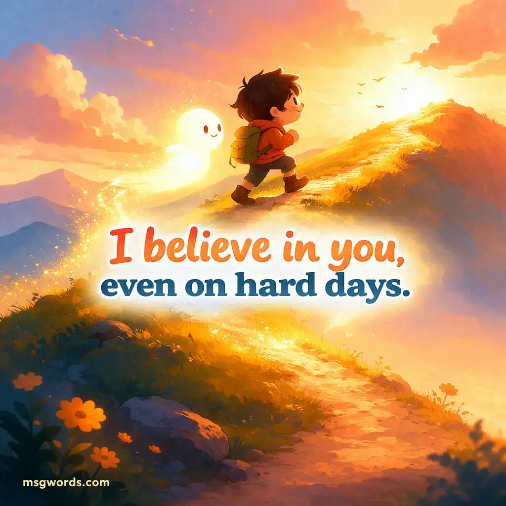 Warm illustrated scene of a small character supported by a glowing light while facing challenges, conveying belief and emotional support with a motivational quote about trust during hard days.