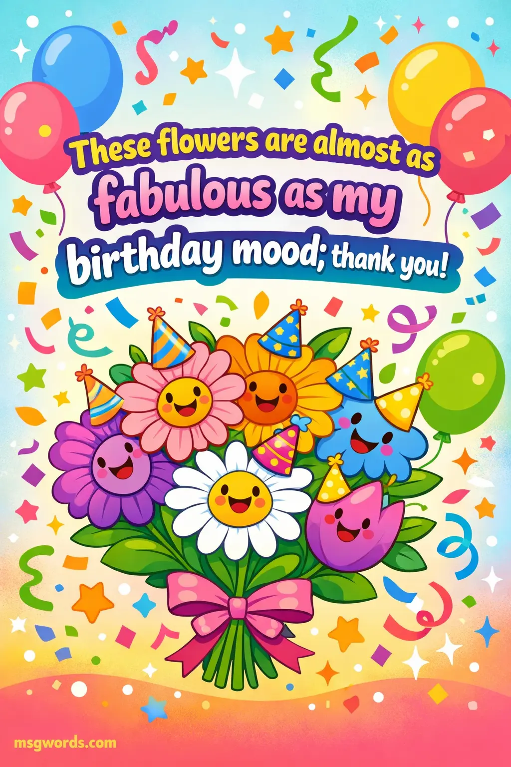 A playful cartoon-style birthday scene with bright flowers and confetti, showcasing a fun and humorous thank you message comparing flowers to a fabulous birthday mood.