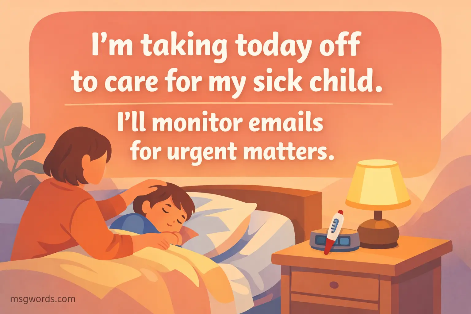 Illustrated quote image showing a parent staying home to care for a sick child while monitoring urgent emails, representing a professional absence from work due to child sickness message.