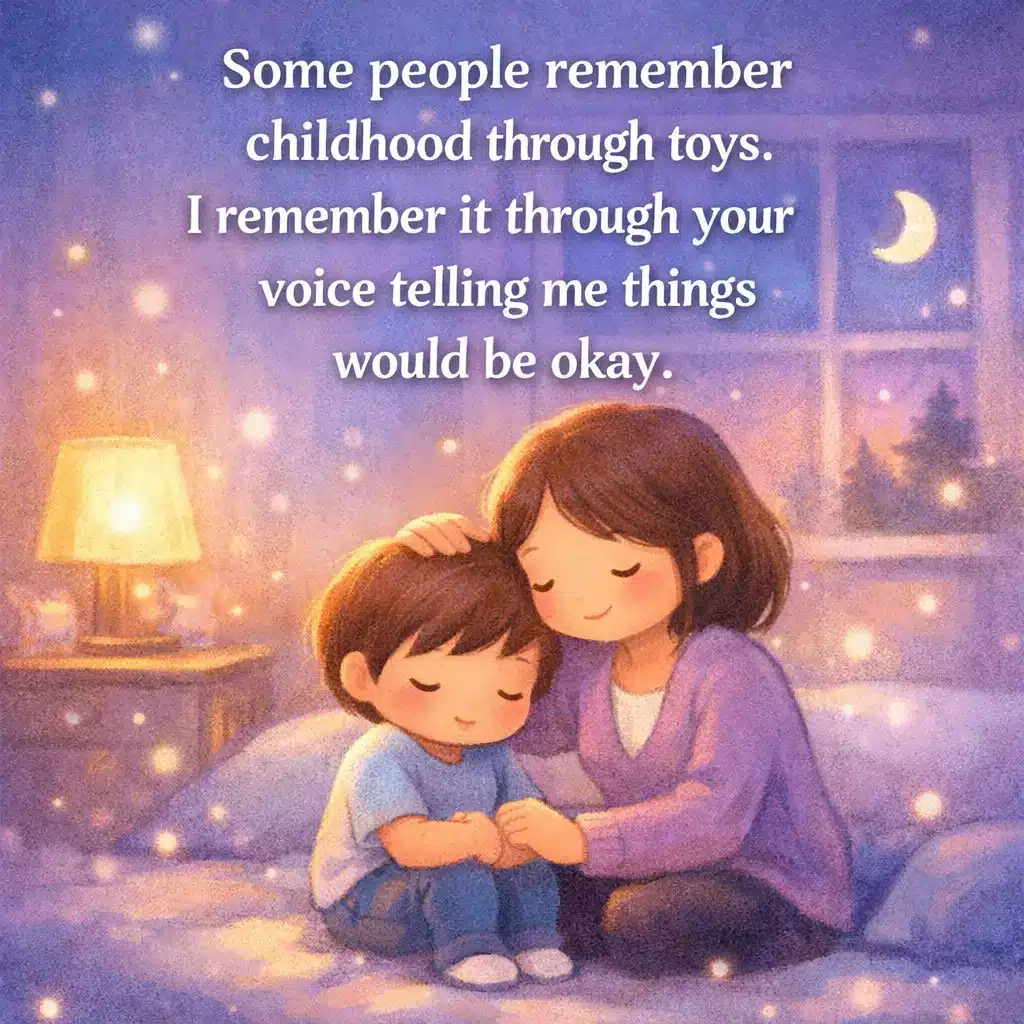 A dreamy pastel illustration of a child being reassured by a caring figure, representing childhood memories shaped by comforting words and emotional security.
