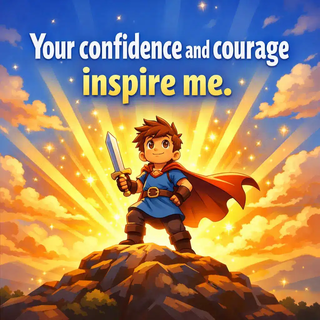 Colorful illustrated scene of a confident character glowing with light, symbolizing courage and inspiration with an uplifting motivational quote about confidence and bravery.