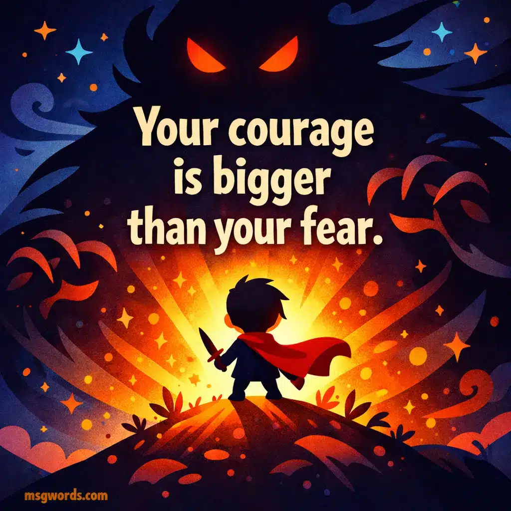 Illustration of a brave character facing fear with glowing light behind, representing courage overcoming fear with an inspirational quote about inner strength.
