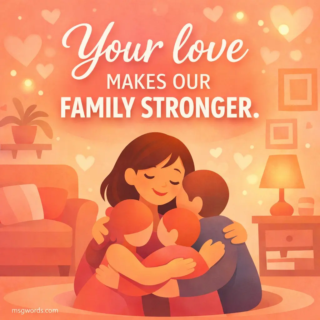 Stylized illustration of a loving cartoon family hugging in a cozy home with a Mother's Day quote about how a mother's love strengthens the family bond.