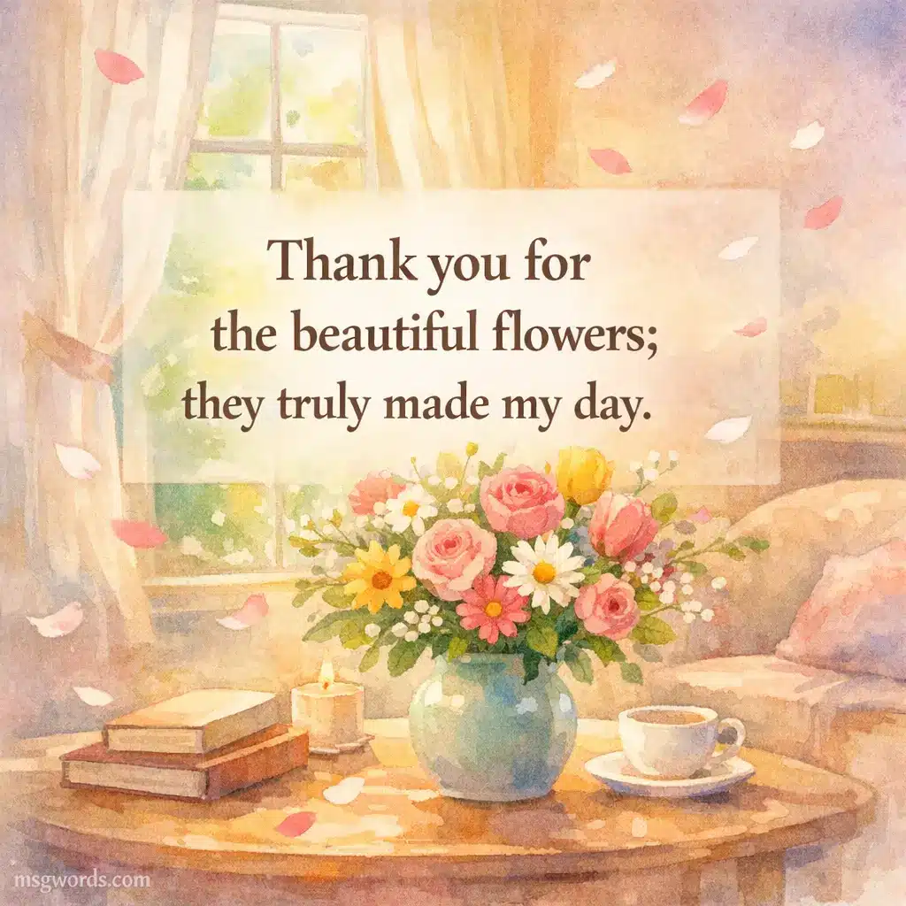 A soft watercolor illustration of a sunlit room with a vase of colorful flowers, featuring a heartfelt thank you quote expressing appreciation and joy for receiving flowers.