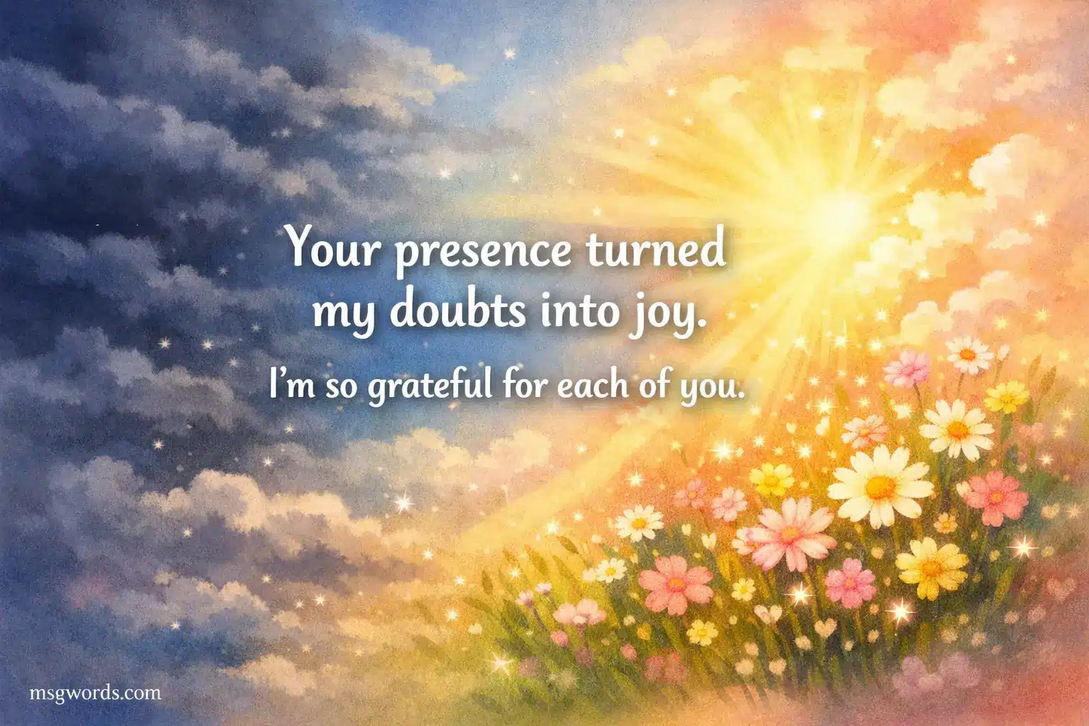 A dreamy artistic scene transitioning from clouds to sunshine symbolizing emotional uplift and gratitude for supportive presence at a gathering.