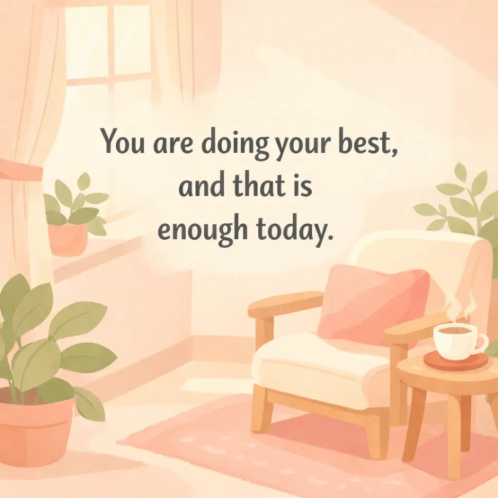 A calming pastel illustration of a cozy sunlit room with a comforting quote about doing your best and self-acceptance during difficult fertility journeys.