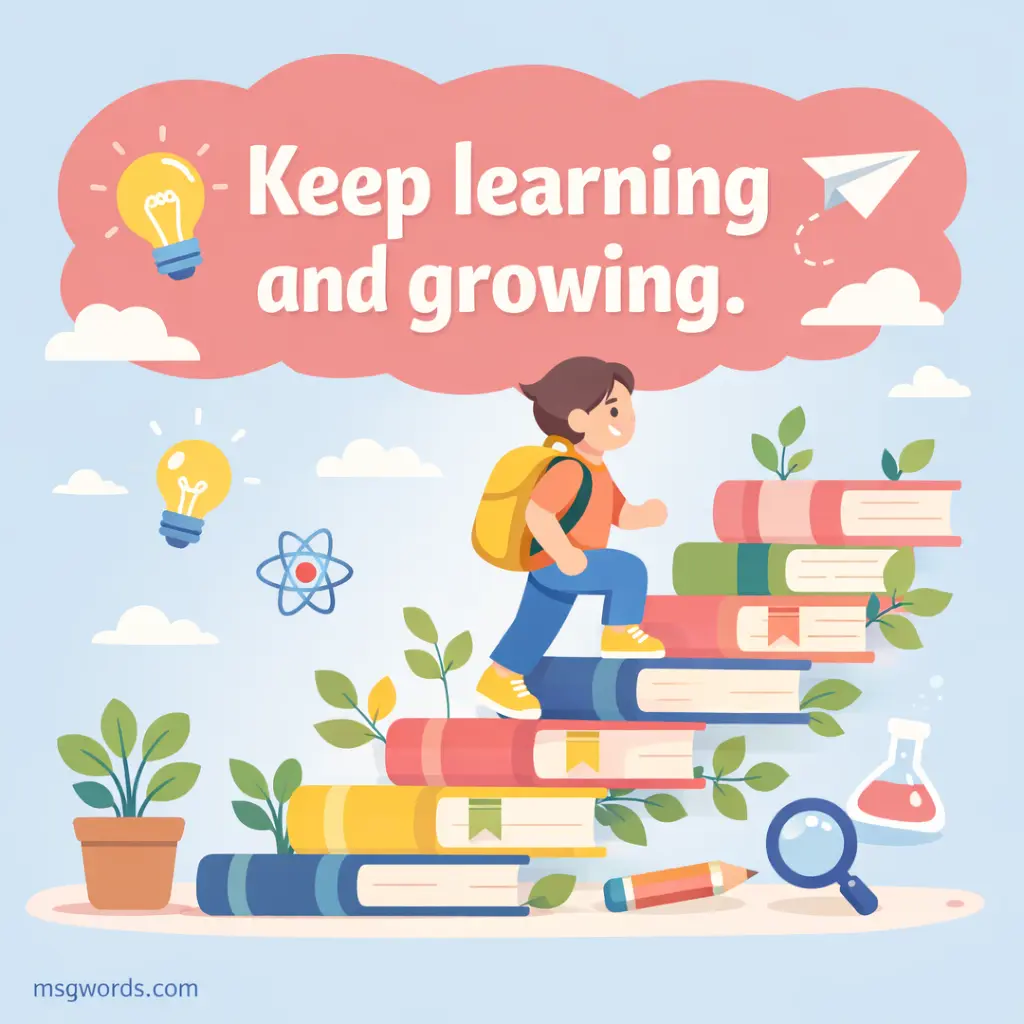Colorful illustration of a character climbing steps made of books and plants, symbolizing continuous learning and growth with a motivational quote.