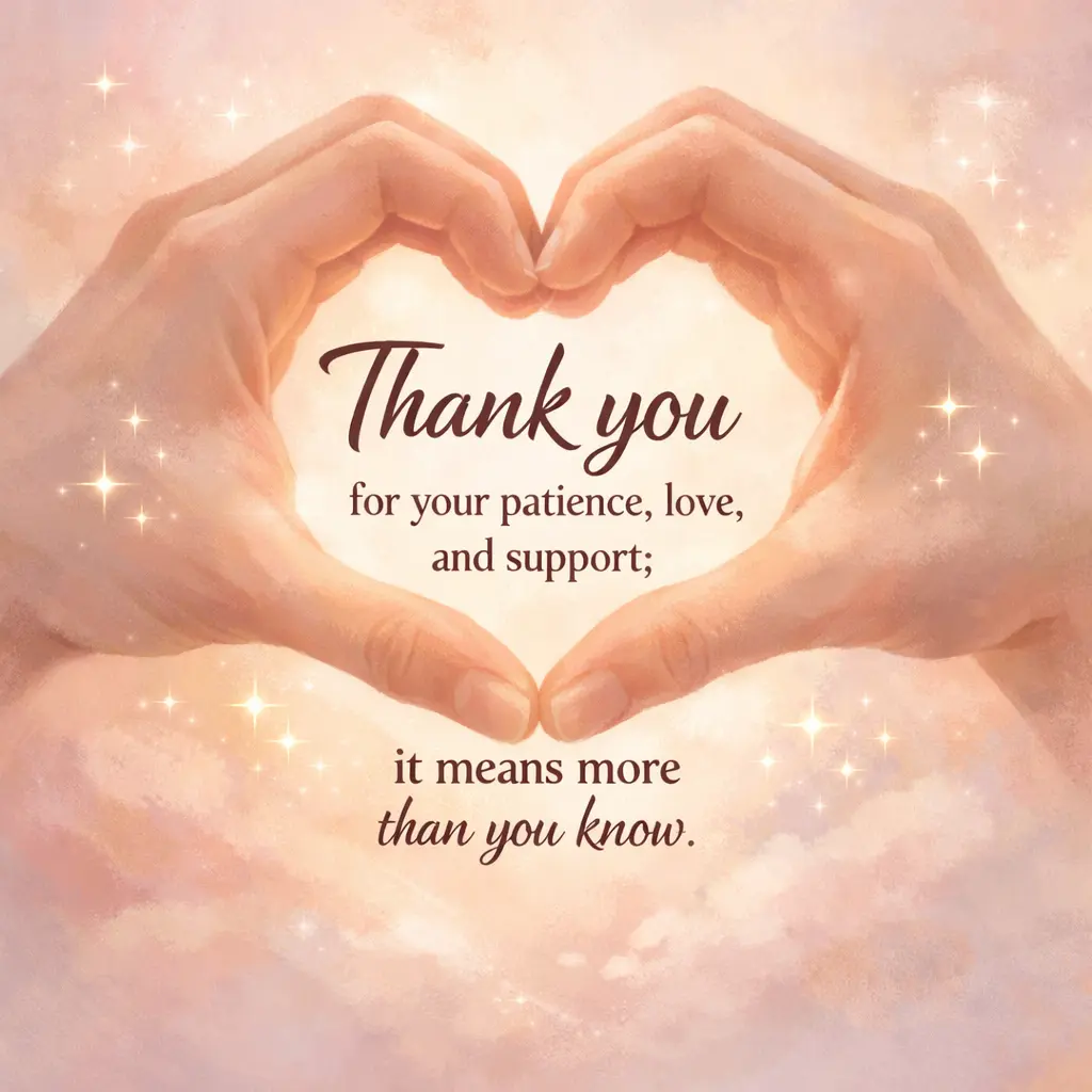 A calming illustration of hands forming a heart with a gratitude quote appreciating patience, love, and emotional support.