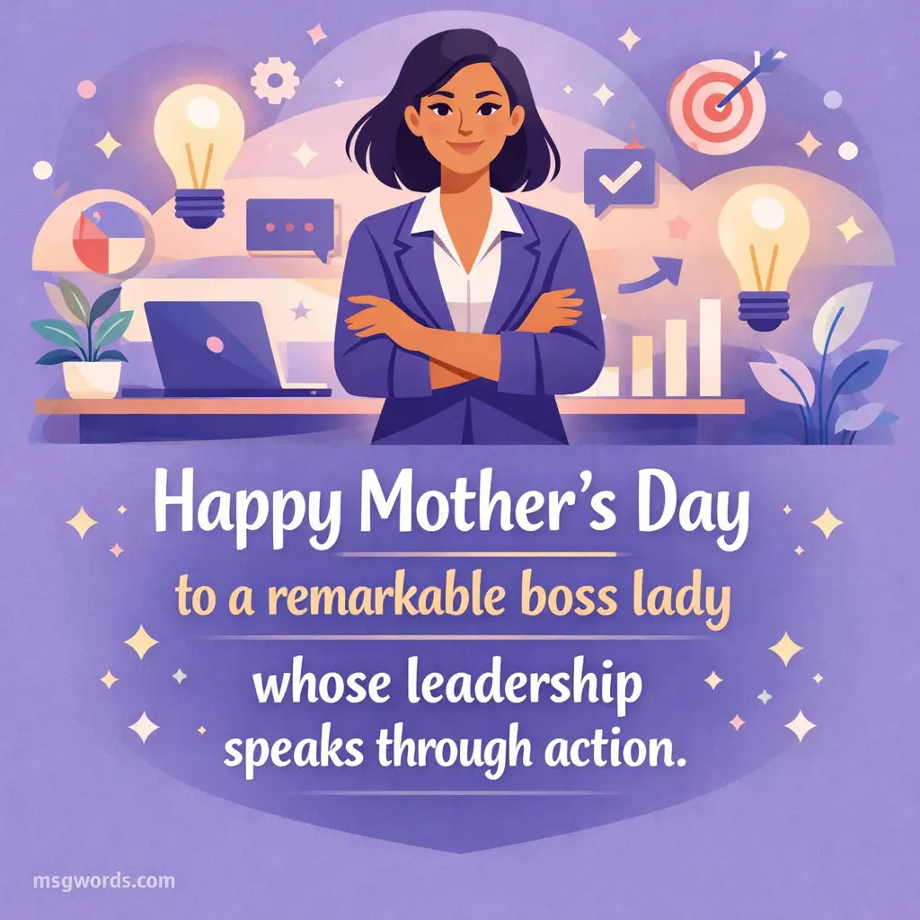 Stylized vector office scene with a confident female leader, highlighting a motivational Mother's Day message celebrating a strong boss lady.