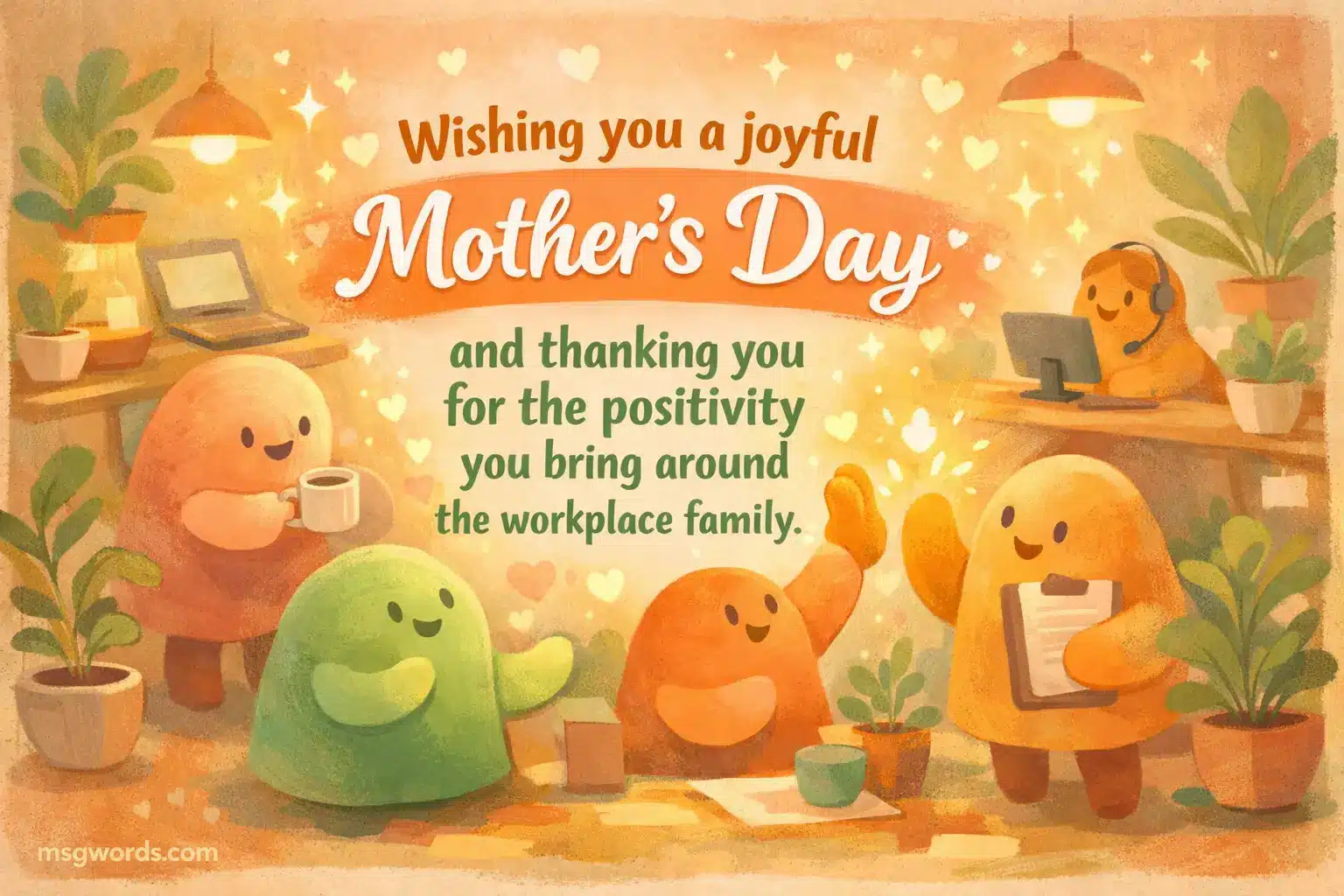 Warm illustrated workplace scene with abstract characters and cozy elements, representing gratitude and positivity in a Mother's Day quote for a boss.