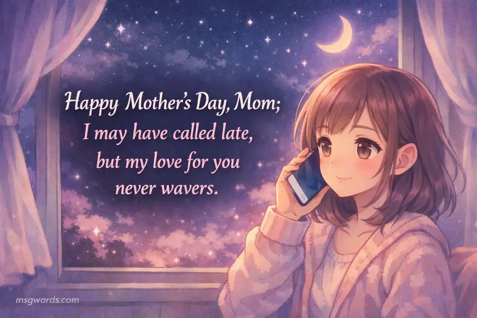 Soft anime style night illustration of someone making a late Mother's Day phone call expressing lasting love and appreciation for their mother.