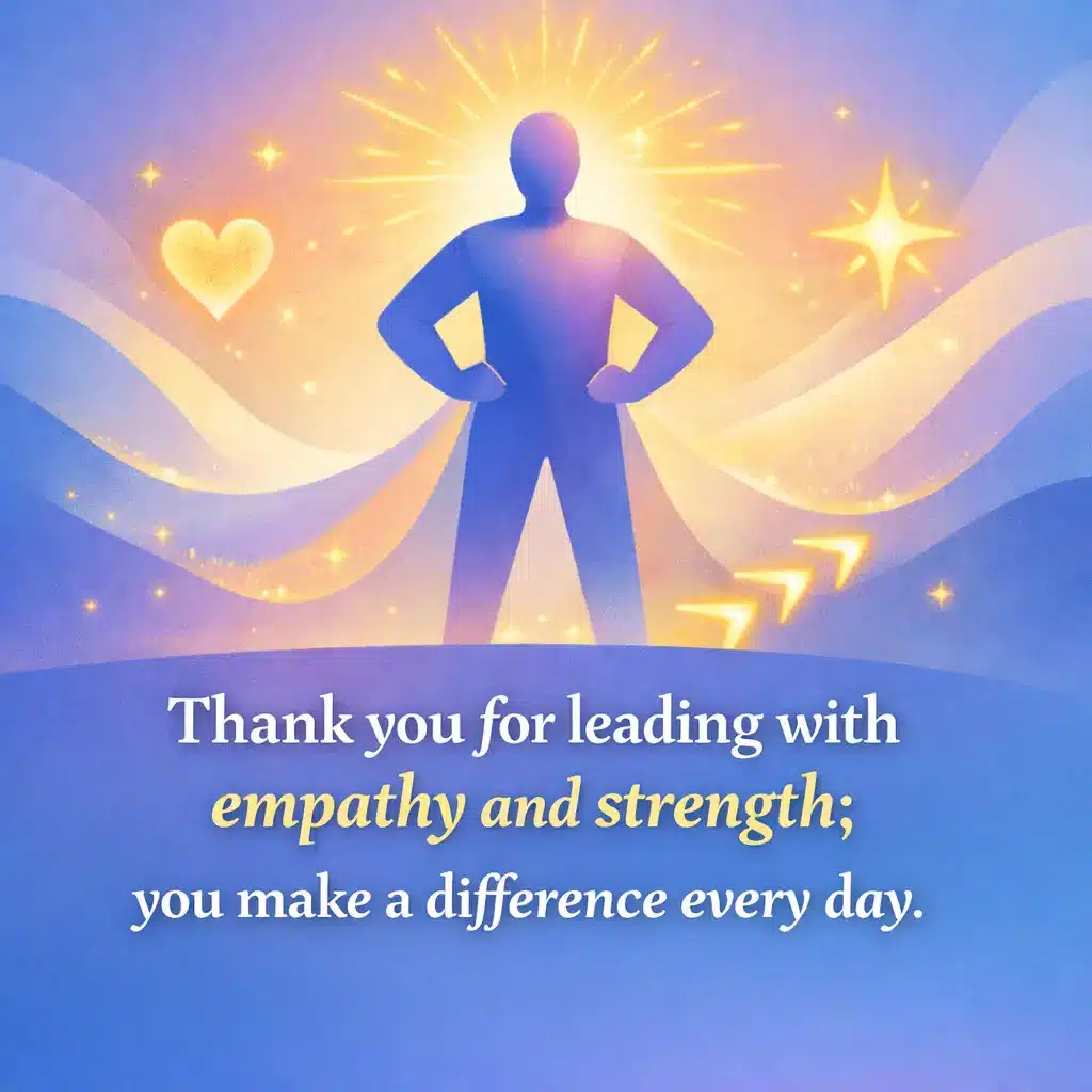 Abstract leadership-themed illustration with glowing elements symbolizing empathy and strength, paired with a motivational quote about impactful leadership in a professional setting.