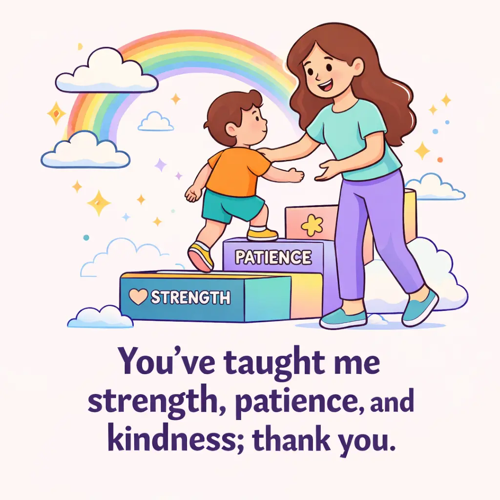 Colorful cartoon illustration of a mother teaching life values like strength, patience, and kindness with an appreciation quote for moms.