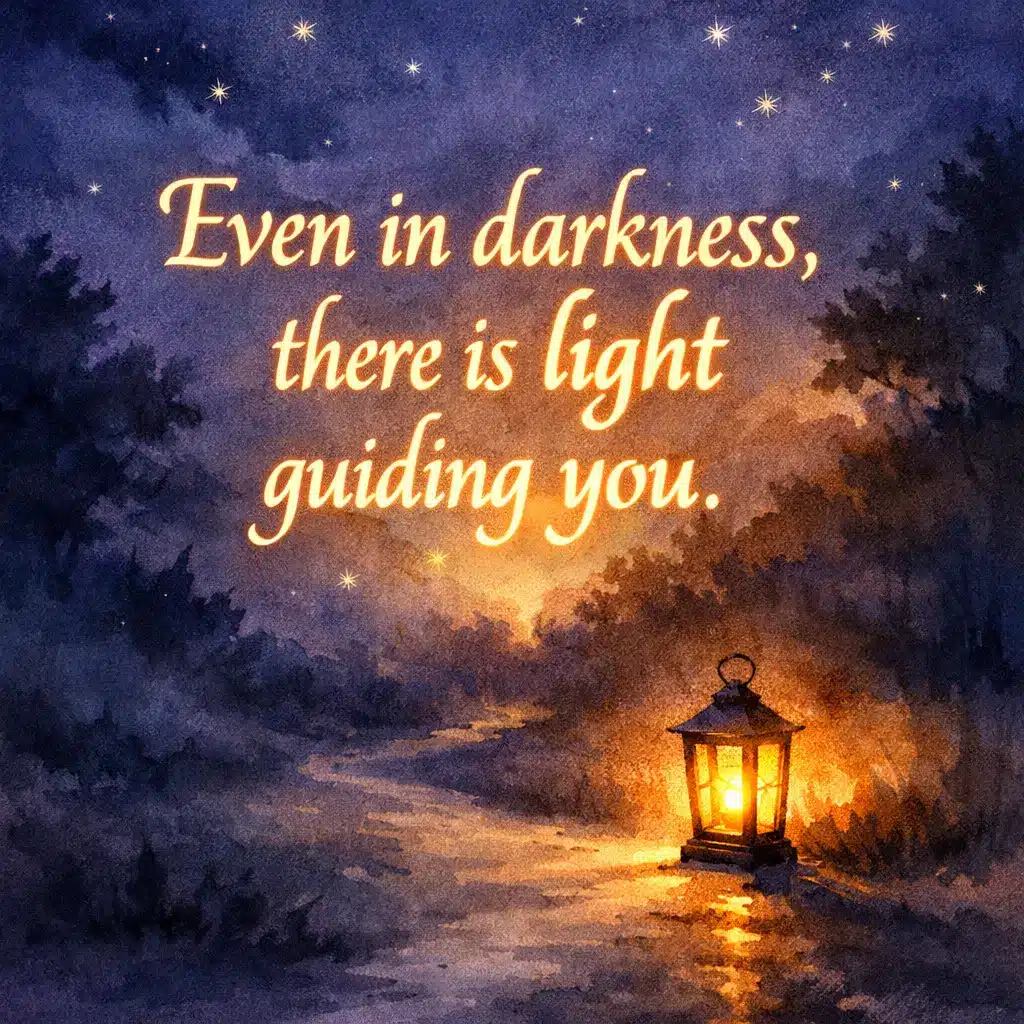 Soft nighttime watercolor illustration showing a glowing lantern guiding through darkness, representing hope and reassurance with an encouraging quote about light in difficult times.