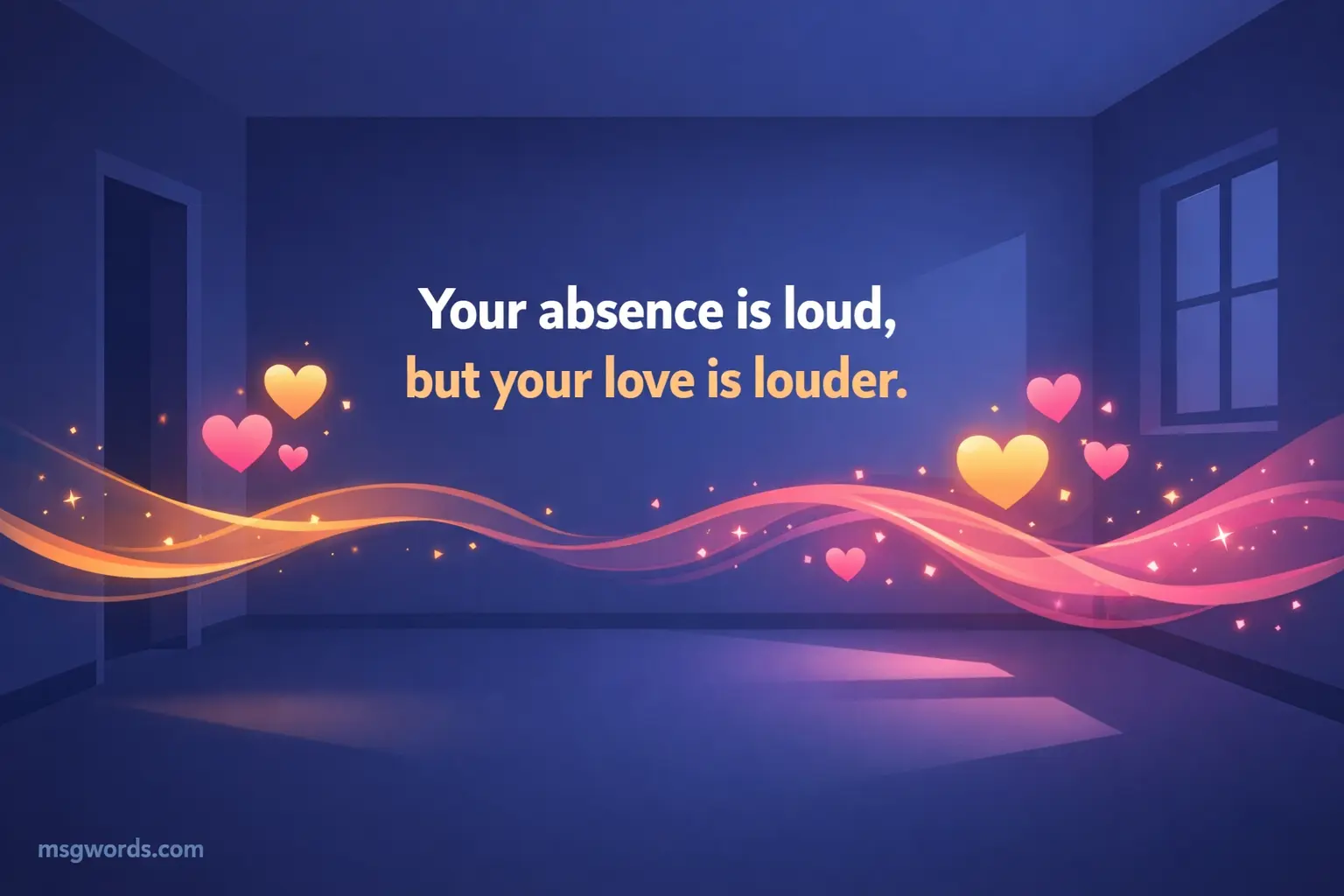 A minimal artistic scene showing an empty space filled with glowing love elements, illustrating the idea that love remains stronger than absence.