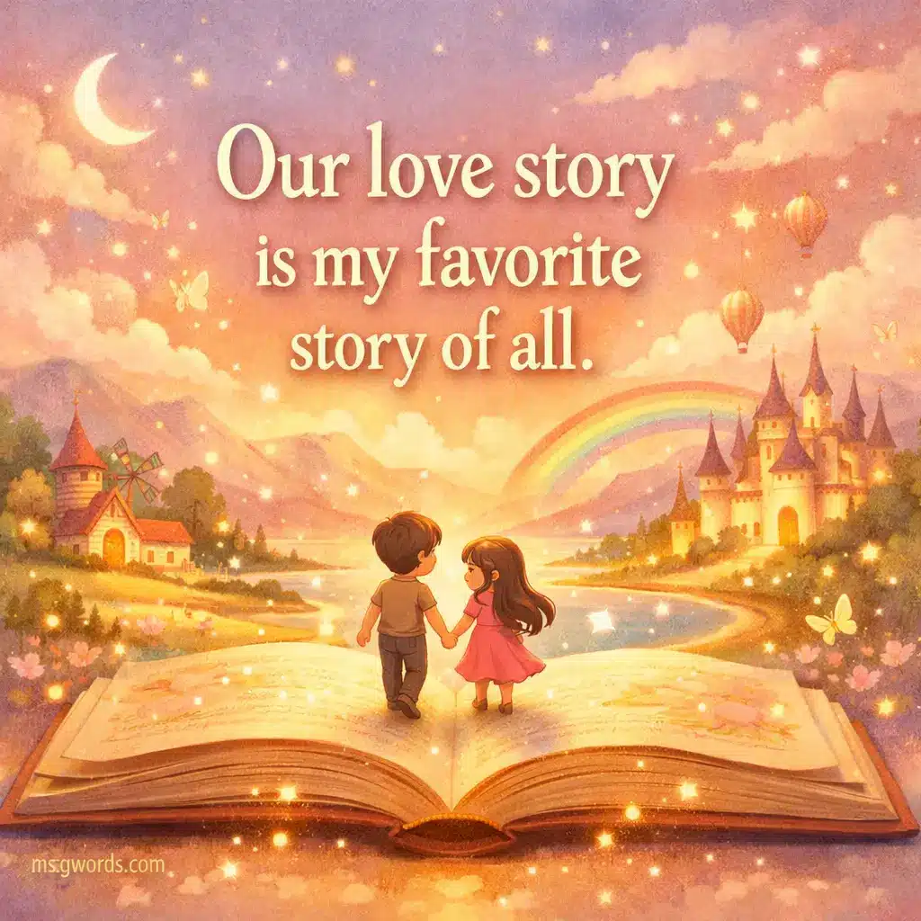 Whimsical cartoon illustration of a glowing storybook symbolizing a beautiful love story, paired with a romantic quote about favorite love stories.