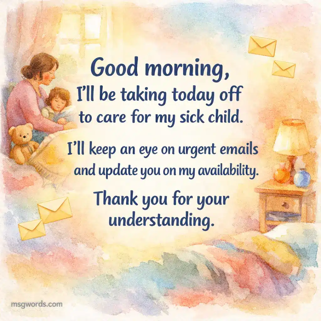 Watercolor-style quote image with a calm morning home setting showing a parent caring for a sick child while remaining available for urgent communication, expressing a respectful leave notification message.