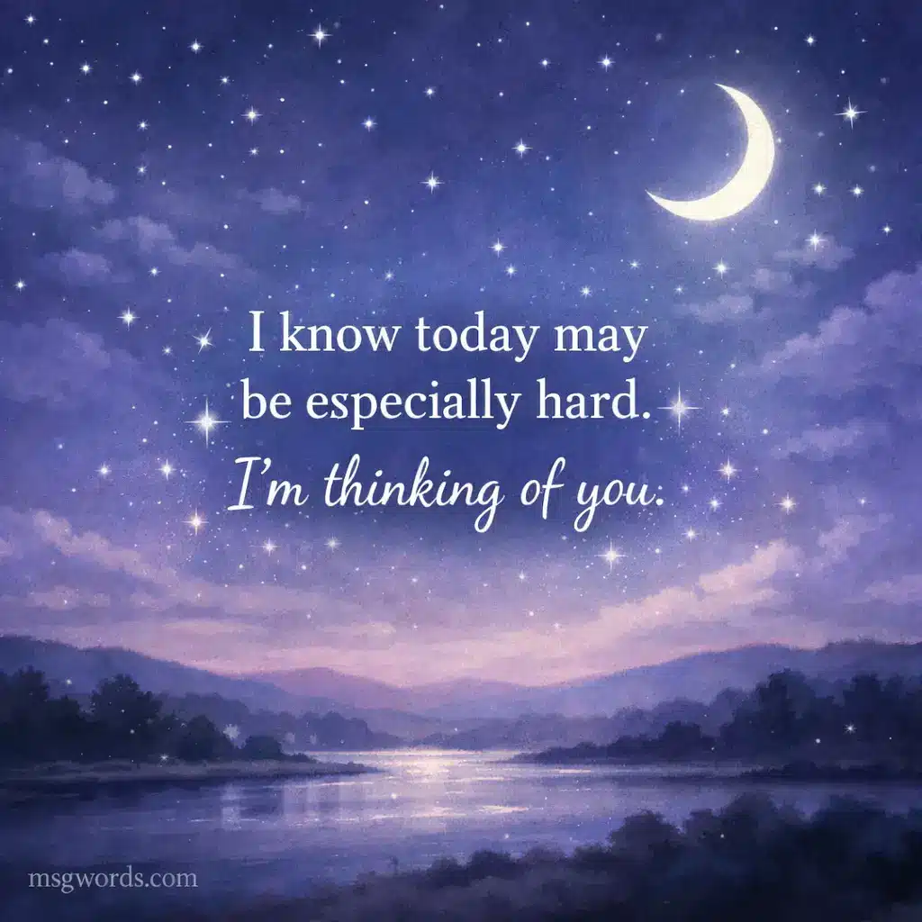 A calm night sky with stars and a crescent moon in a dreamy illustration, showing a supportive quote acknowledging emotional difficulty and offering comfort during Mother's Day.