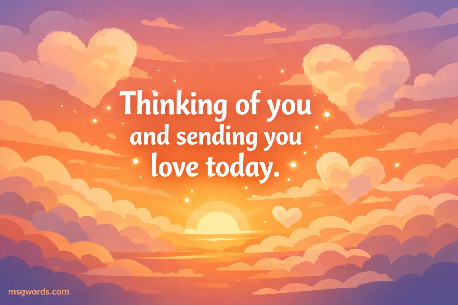 A warm sunset sky with heart-shaped clouds in a vector illustration style, displaying a comforting message about sending love, perfect for expressing care on Mother's Day.