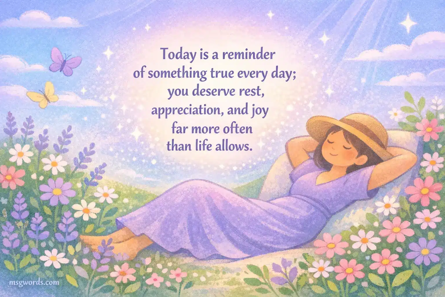 A calming pastel illustration of a peaceful garden with a relaxing mother figure, featuring a thoughtful quote about appreciation, rest, and valuing mothers every day.