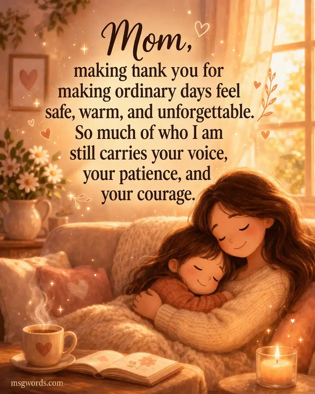 A warm illustrated scene of a mother and child in a cozy home with a heartfelt Mother's Day quote about gratitude and emotional influence, emphasizing love, warmth, and lifelong impact.