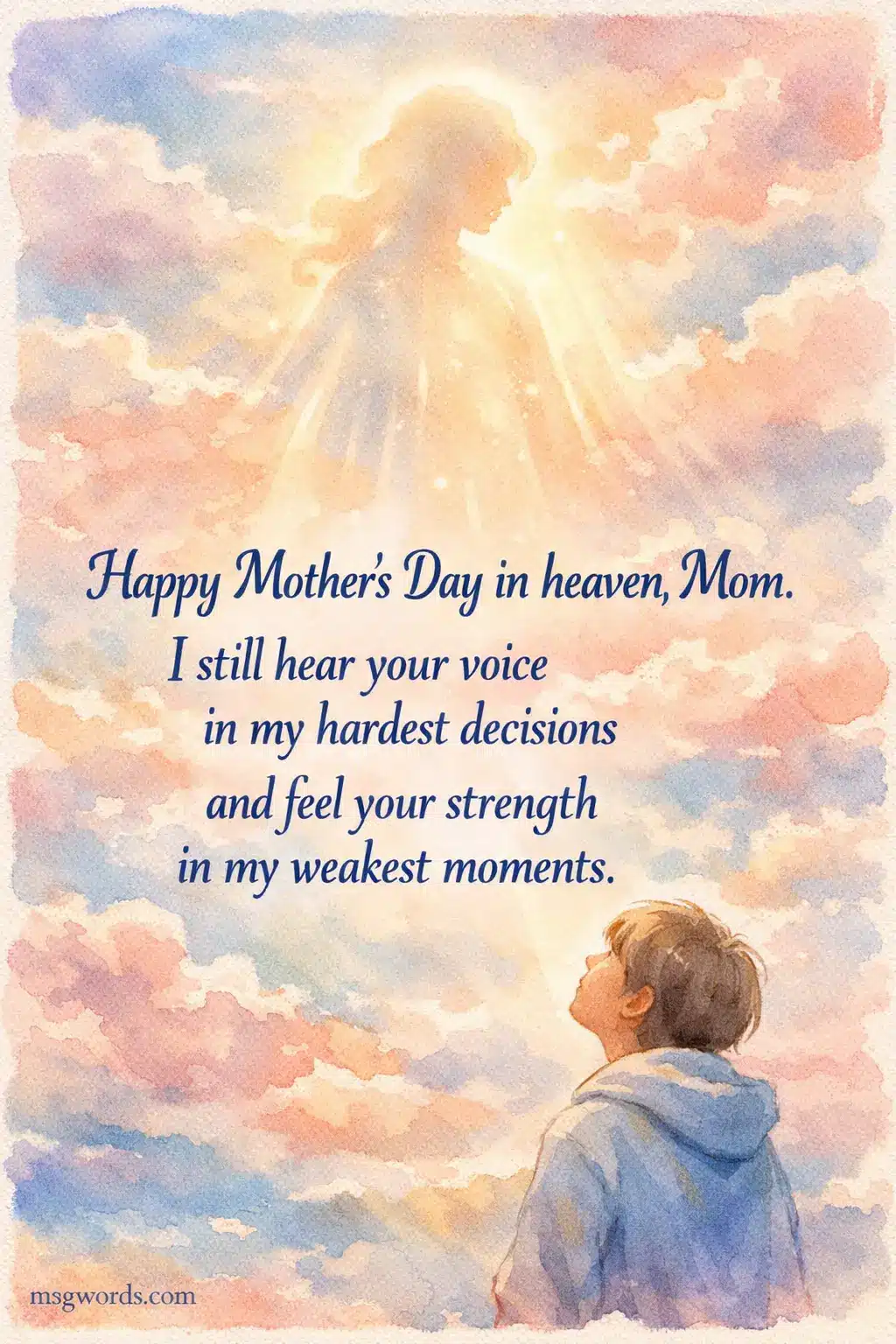 A soft watercolor sky illustration symbolizing heaven with a glowing mother figure and emotional quote about remembering a mother's strength and guidance on Mother's Day.
