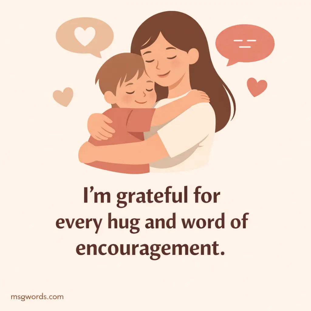 Minimal flat design illustration of a mother and child hugging with a gratitude quote celebrating encouragement and emotional support from moms.