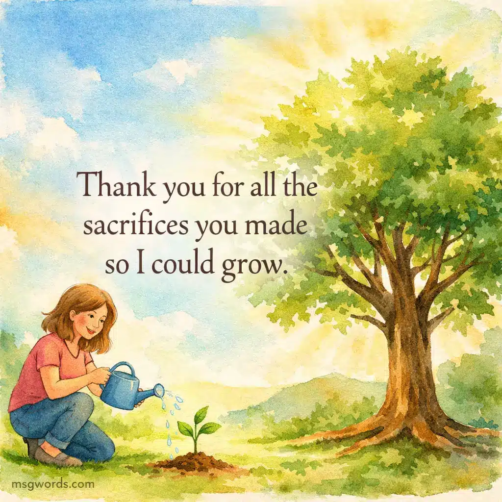 Watercolor style drawing of a mother nurturing a growing plant symbolizing sacrifice and gratitude with a heartfelt thank you message for Mother's Day.