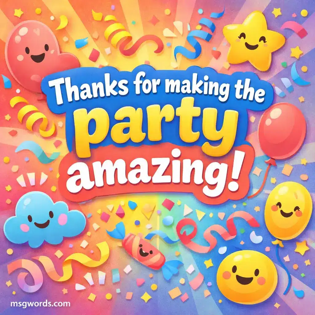 A colorful cartoon-style party scene with balloons and confetti highlighting a joyful thank-you message for making the celebration amazing.