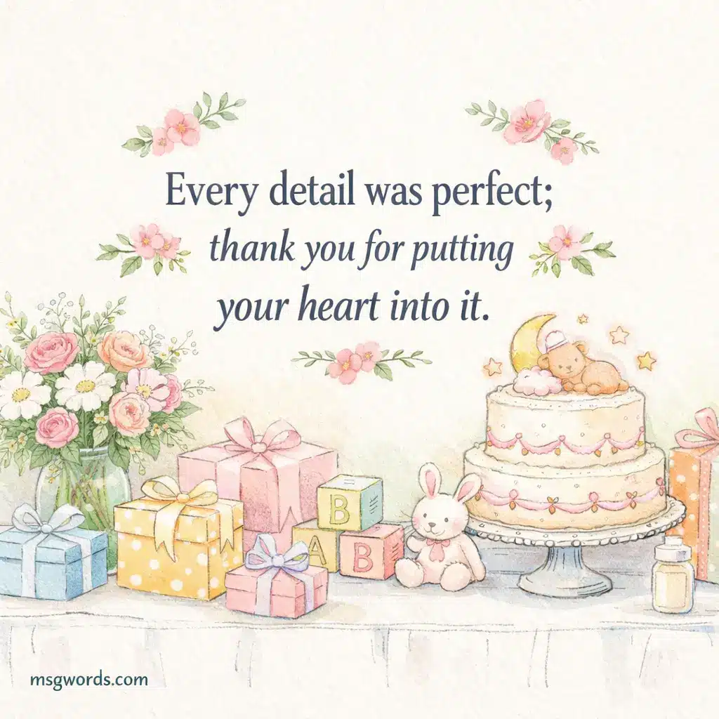 A soft hand-drawn baby shower table scene with flowers and gifts highlighting appreciation for thoughtful details and effort.