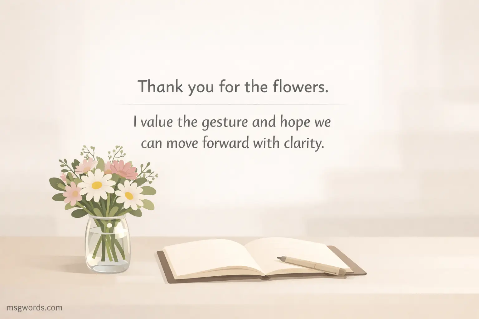 A minimal calm illustration of flowers on a desk beside a notebook, conveying a thoughtful thank you message that reflects appreciation and a desire for clarity moving forward.