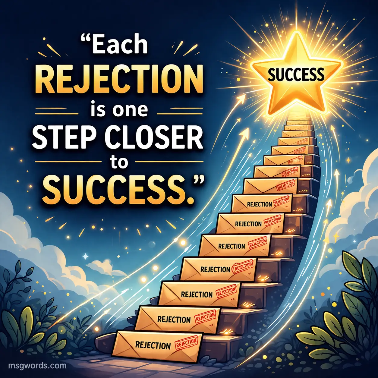 Cartoon staircase made of rejection letters leading to success, illustrating perseverance with a quote about rejection bringing you closer to success.