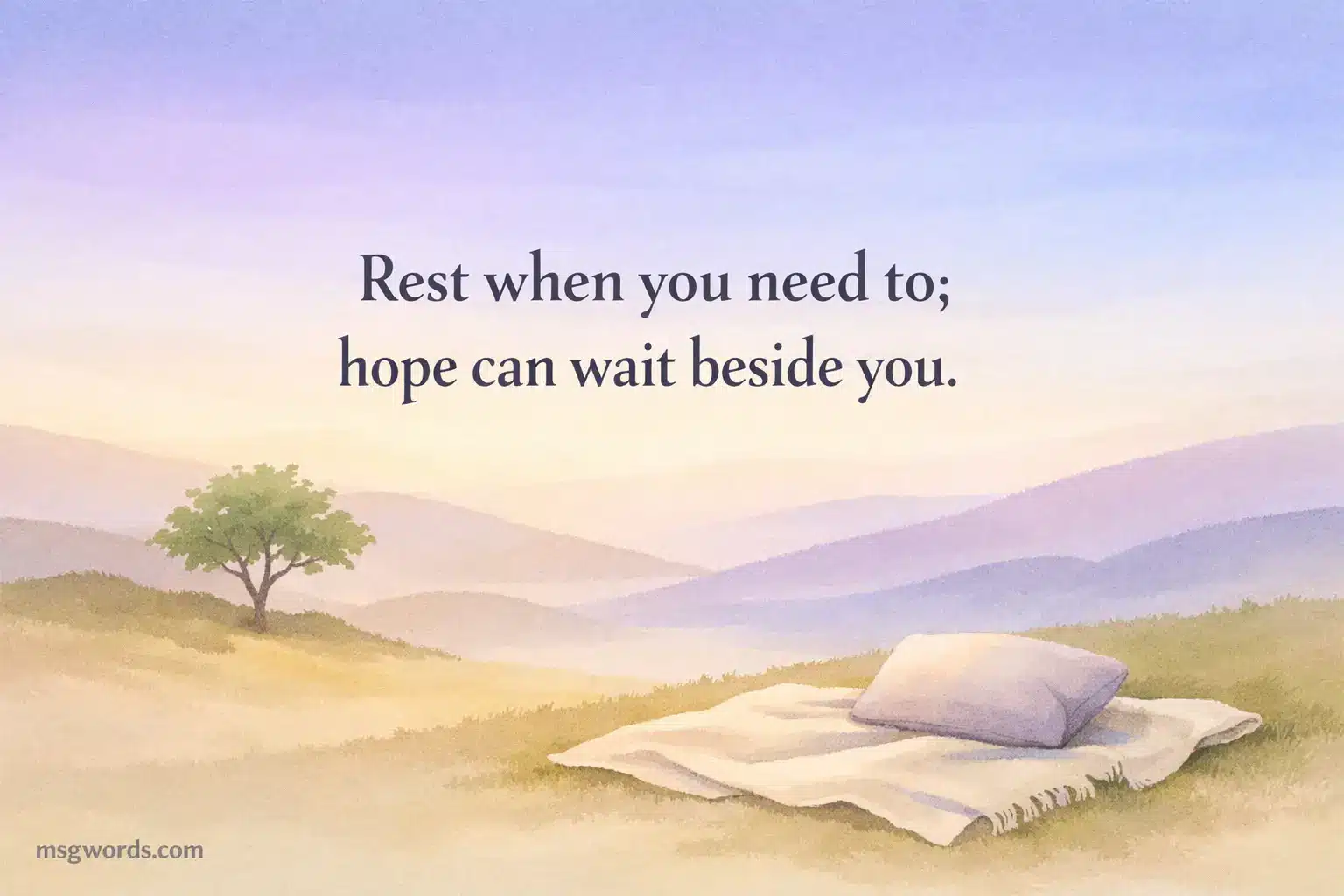 A minimal nature illustration with soft hills and a peaceful sky conveying rest, patience, and hope alongside a gentle encouraging quote.