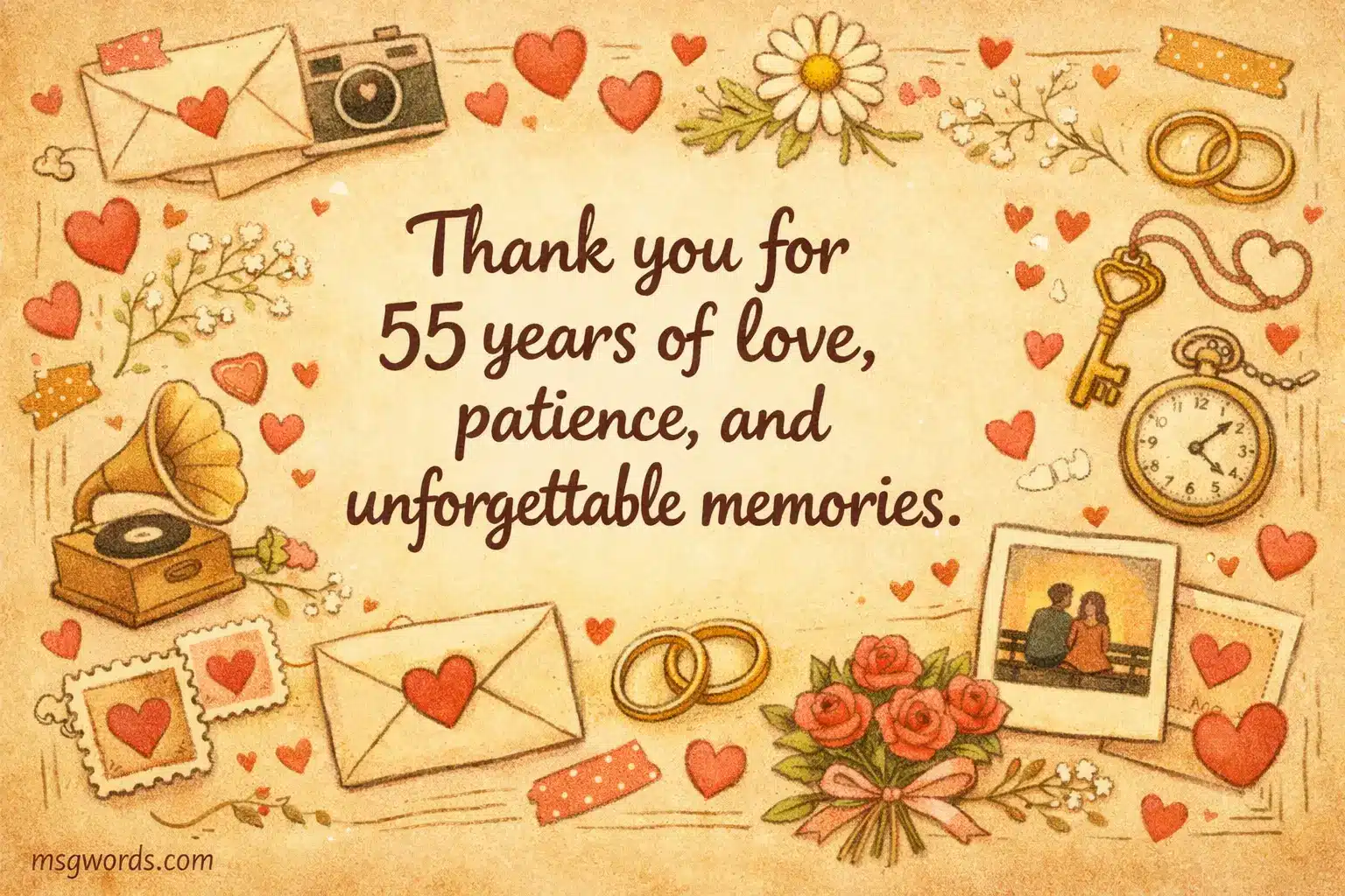 Hand-drawn scrapbook-style illustration with nostalgic elements highlighting gratitude for 55 years of love and cherished memories.