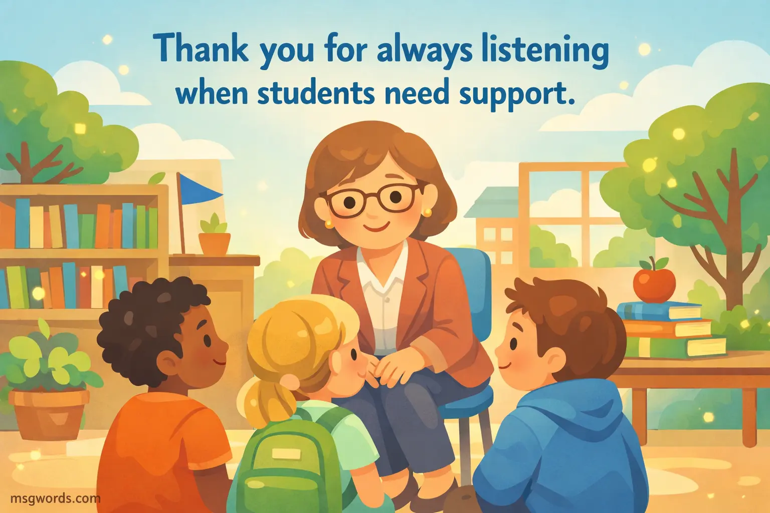 Stylized illustration of a caring principal listening to students, highlighting appreciation for support and understanding in a school environment.