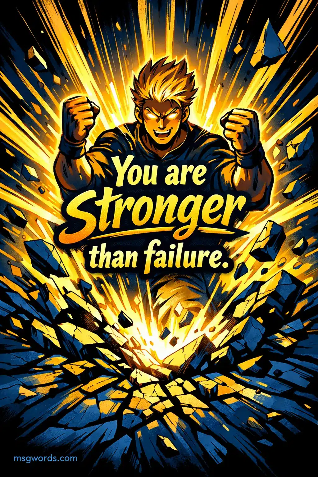 Dynamic cartoon image of a character rising stronger from broken ground, symbolizing resilience and strength beyond failure with an empowering message.