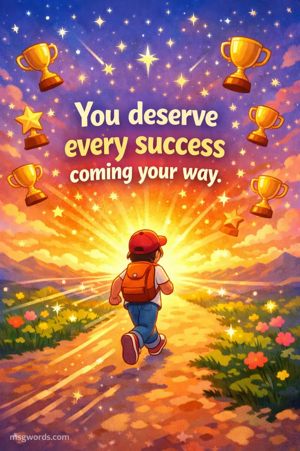 Bright cartoon scene of a character walking toward a glowing future filled with stars and success symbols, highlighting deserving success and positivity.