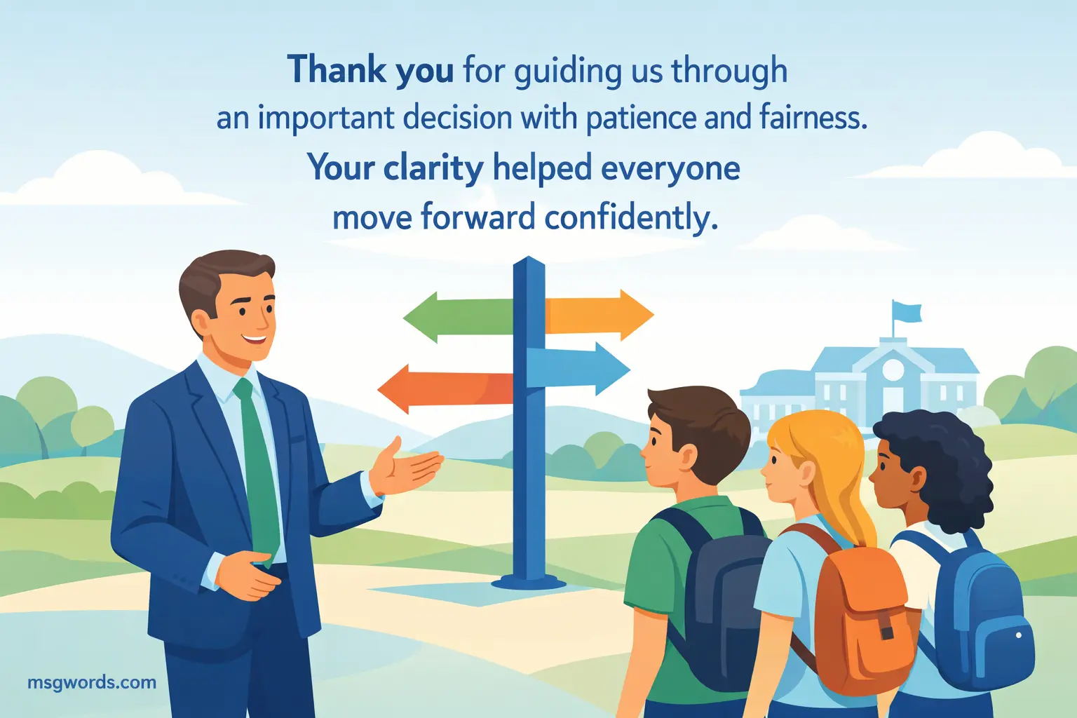 Vector illustration of a principal helping students make an important decision, symbolizing fairness, patience, and confident guidance.