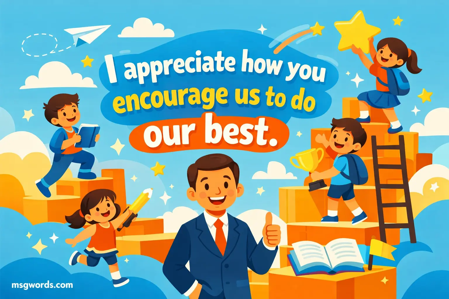Bright cartoon-style image showing a principal motivating students to succeed, representing encouragement and striving for their best.