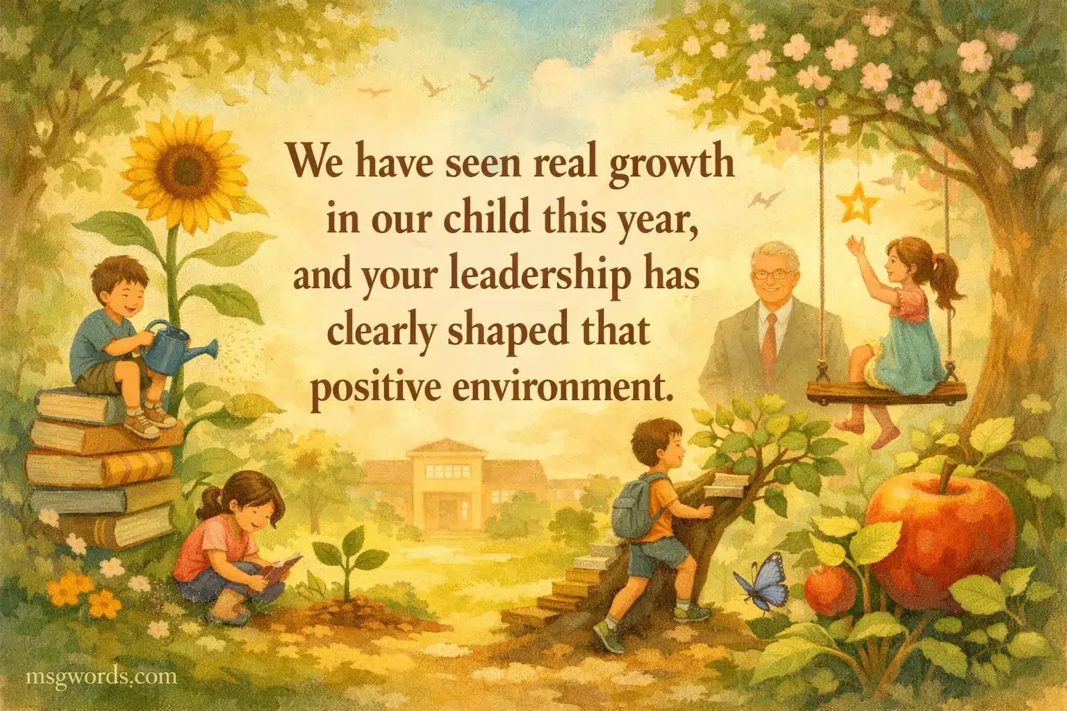 Whimsical school scene with children growing alongside plants under a principal's leadership, reflecting positive development and nurturing environment.