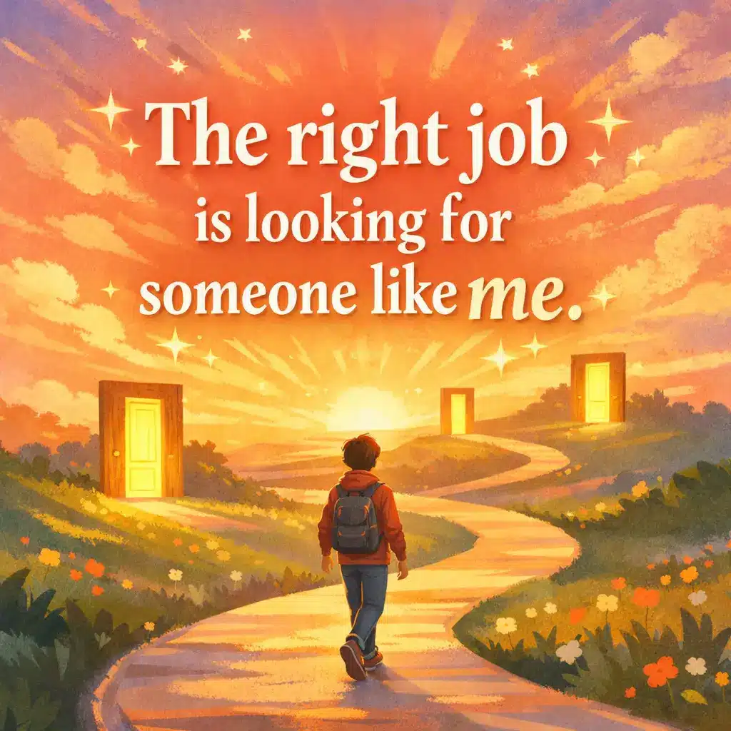 Stylized illustration of a person walking toward glowing opportunities with a motivational quote about the right job finding them, symbolizing hope in job searching.