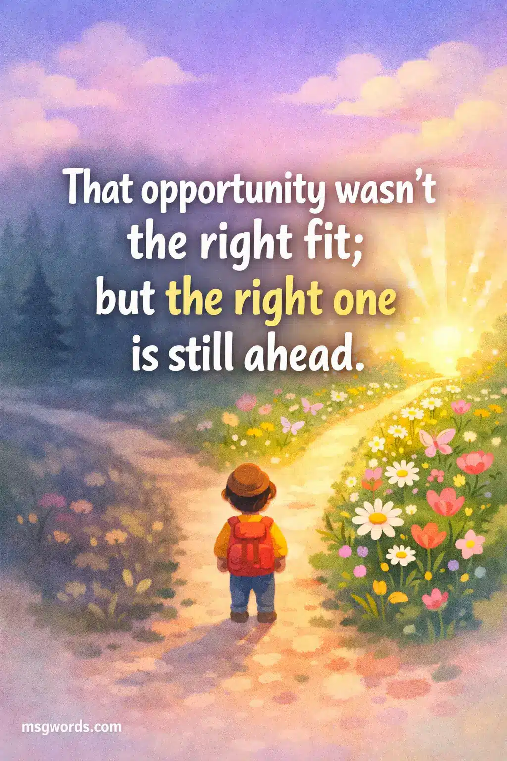 Whimsical forked road illustration showing a brighter path ahead with a quote about missed opportunities leading to the right one in the future.