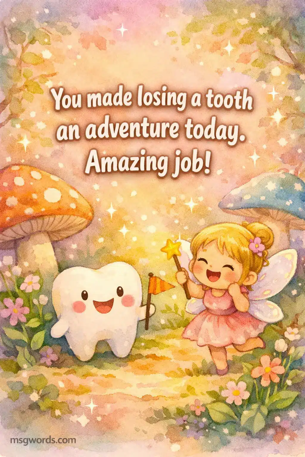 Soft watercolor fairyland garden illustration featuring a happy tooth fairy and smiling tooth character celebrating a child's adventurous tooth-losing milestone with an encouraging quote.