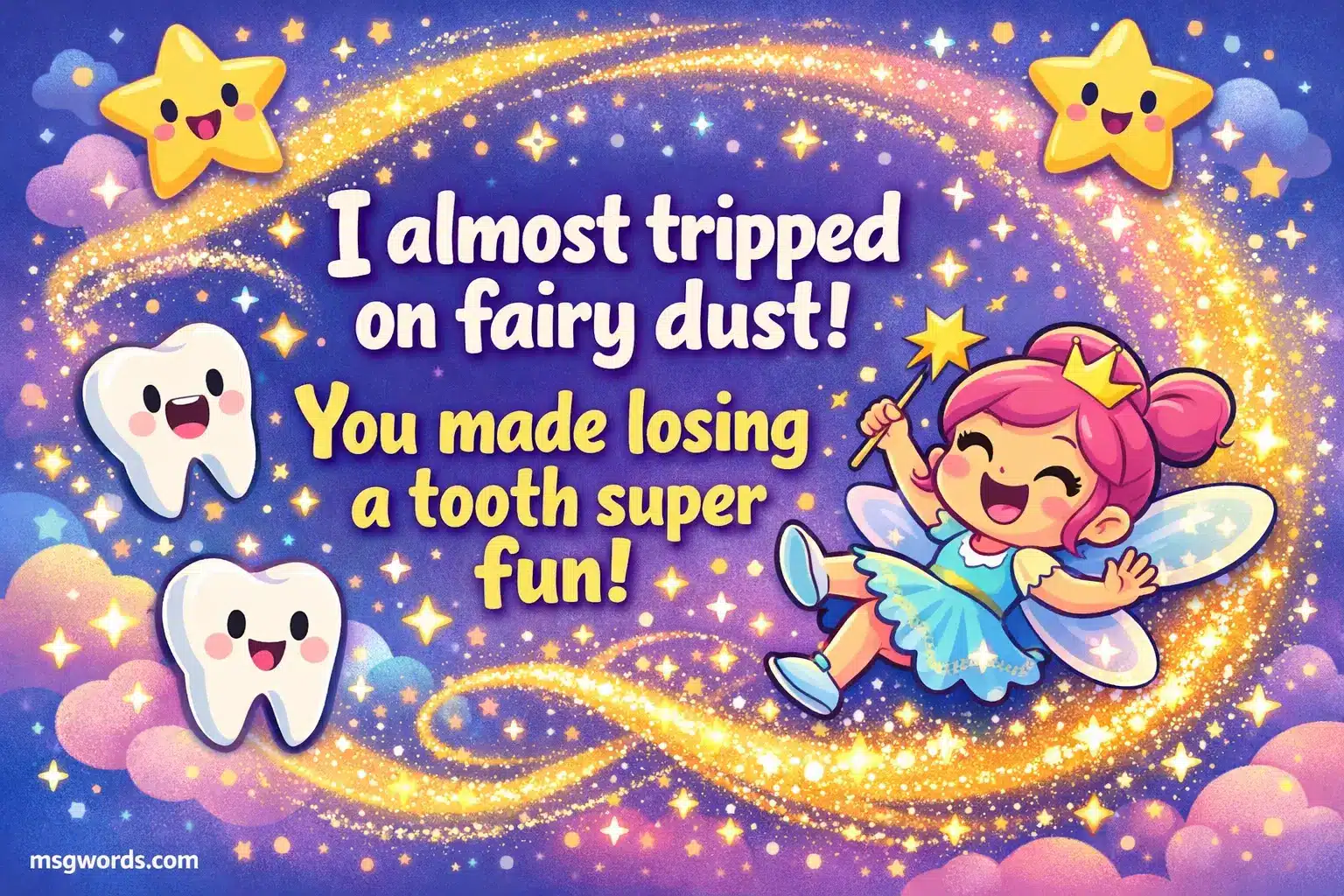 Playful cartoon vector illustration of a cheerful tooth fairy slipping on sparkling fairy dust in a colorful night sky scene highlighting a fun and joyful tooth-losing experience quote for kids.