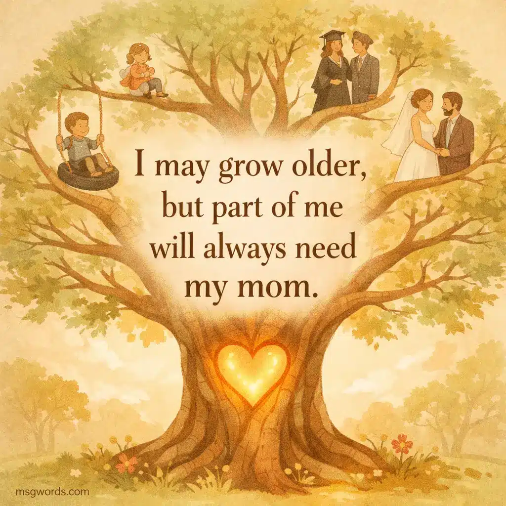 A symbolic illustration of a growing tree representing life stages and a mother's everlasting presence, with a touching quote about always needing mom.