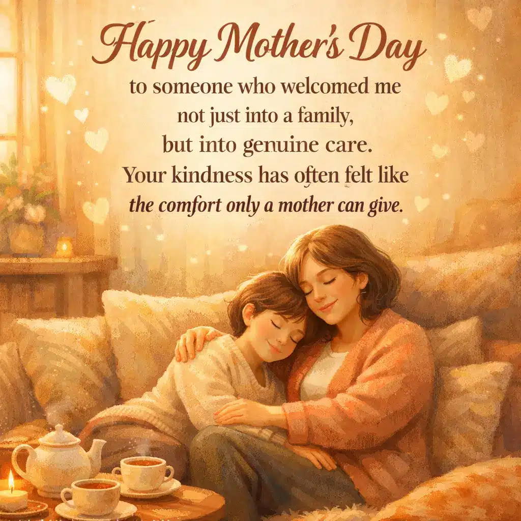 A warm illustrated home scene showing a comforting maternal figure and emotional support, paired with a heartfelt Mother's Day quote about kindness and belonging.