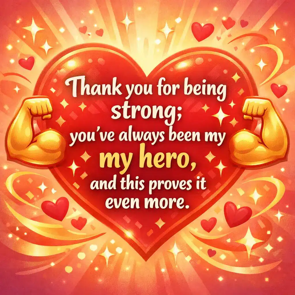 3. Warm glowing heart illustration representing gratitude and strength, paired with a heartfelt thank-you message for a strong person.
