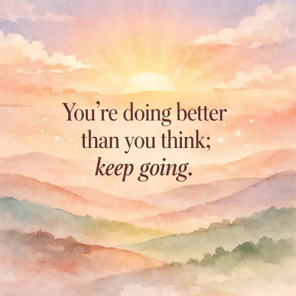 1. Soft watercolor sunrise illustration with motivational quote about progress and perseverance, symbolizing hope and encouragement.