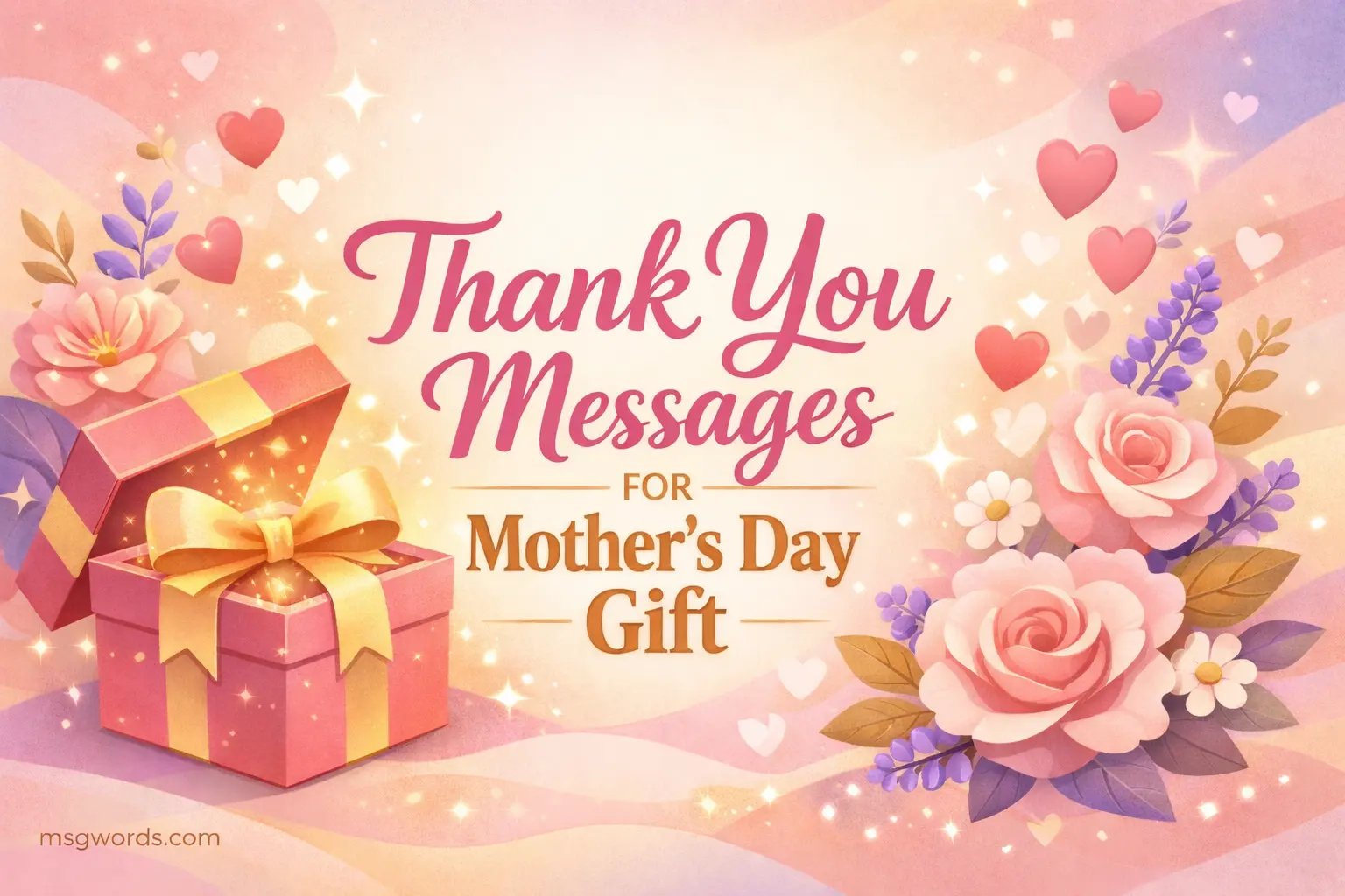 A warm Mother’s Day themed cover illustration featuring a glowing gift box and floral accents, representing gratitude messages and appreciation for moms with a festive and emotional design.